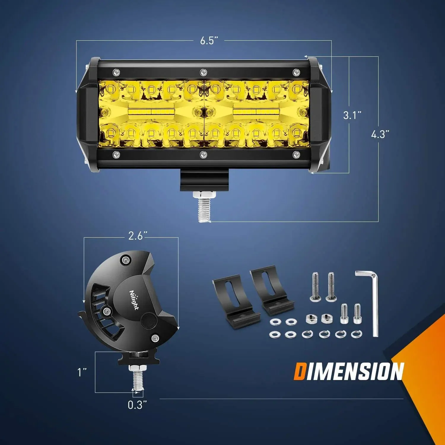 6.5 Inch 120W Triple Row Amber Spot Flood LED Light Bars (Pair) | 16AWG Wire 3Pin Switch