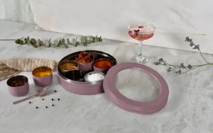 Elan 7 Compartment Multipurpose Air-Tight Stainless Steel Round Colorful Spice Box with Spoon (Mauve, 1500 ml)
