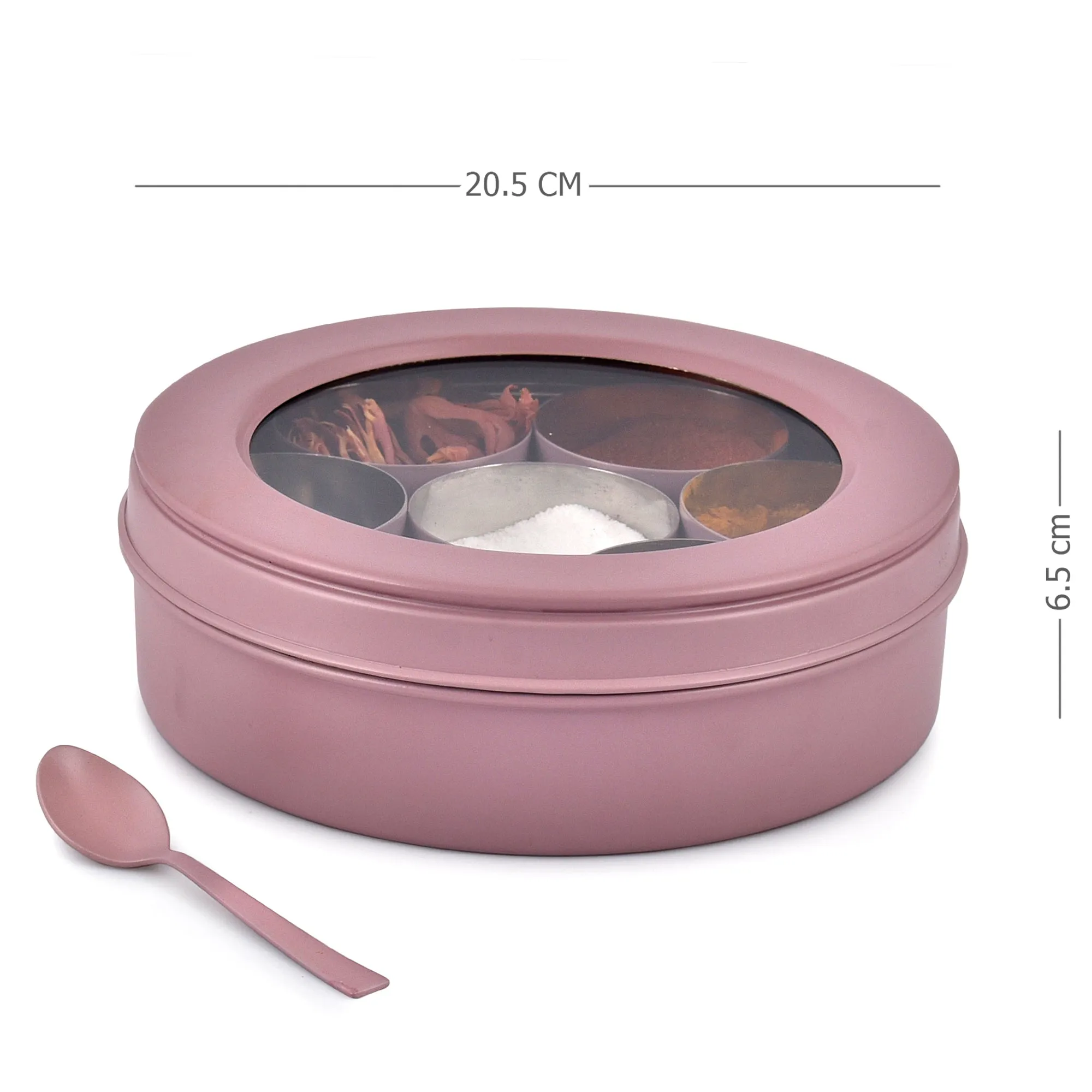 Elan 7 Compartment Multipurpose Air-Tight Stainless Steel Round Colorful Spice Box with Spoon (Mauve, 1500 ml)