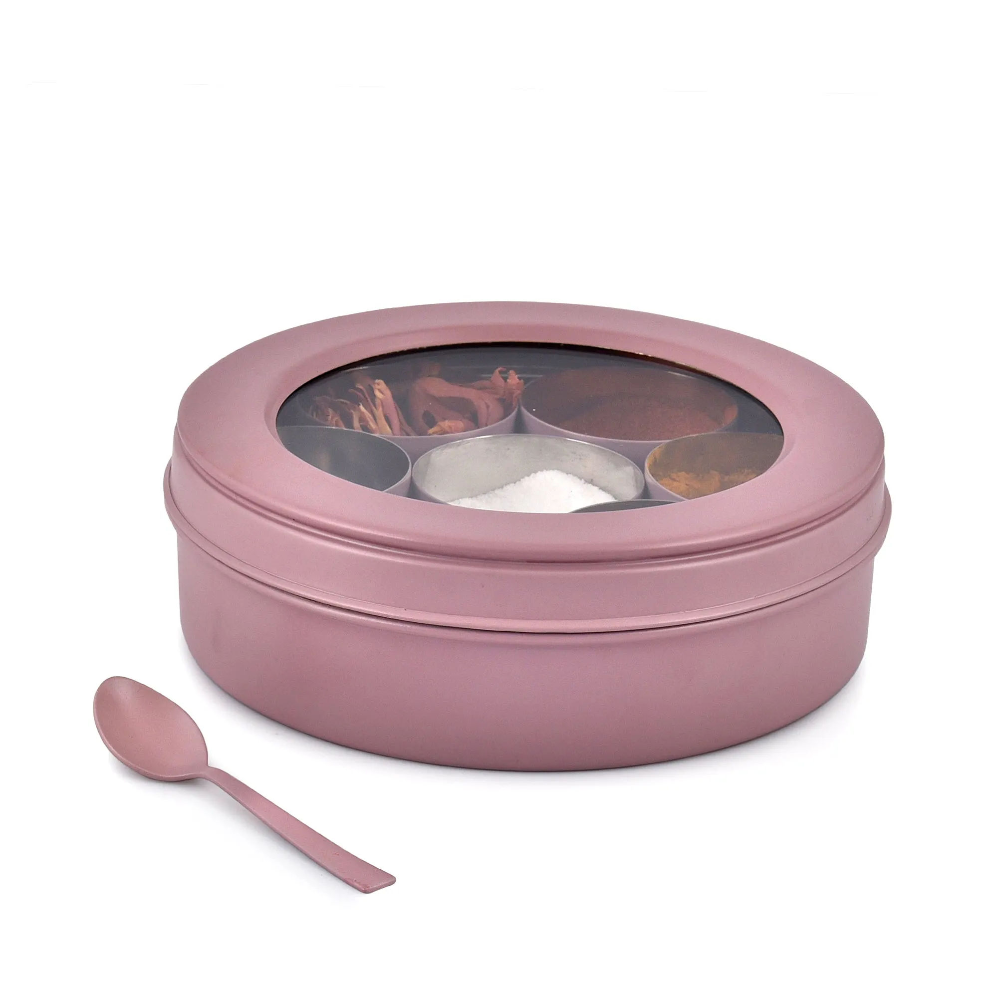 Elan 7 Compartment Multipurpose Air-Tight Stainless Steel Round Colorful Spice Box with Spoon (Mauve, 1500 ml)