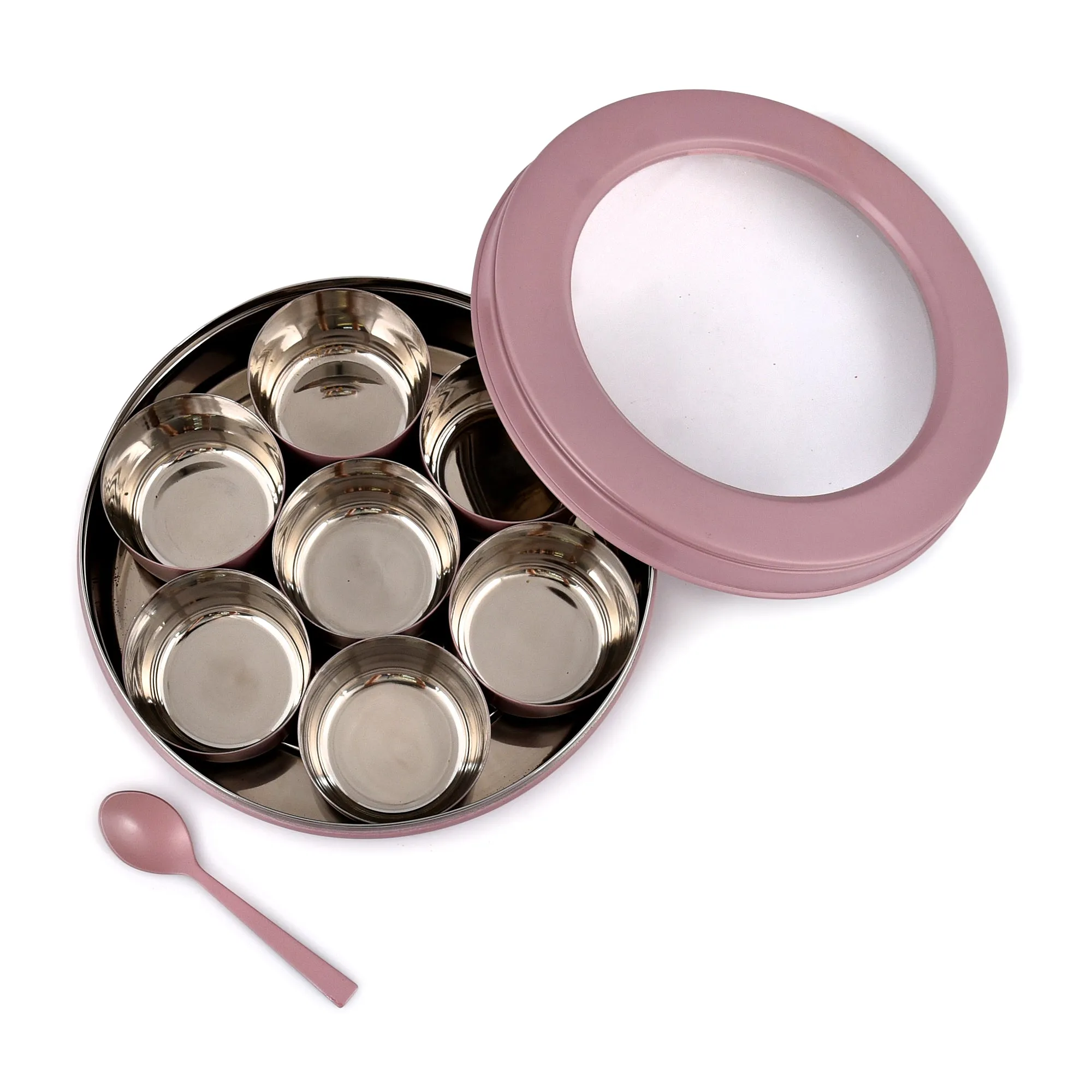 Elan 7 Compartment Multipurpose Air-Tight Stainless Steel Round Colorful Spice Box with Spoon (Mauve, 1500 ml)