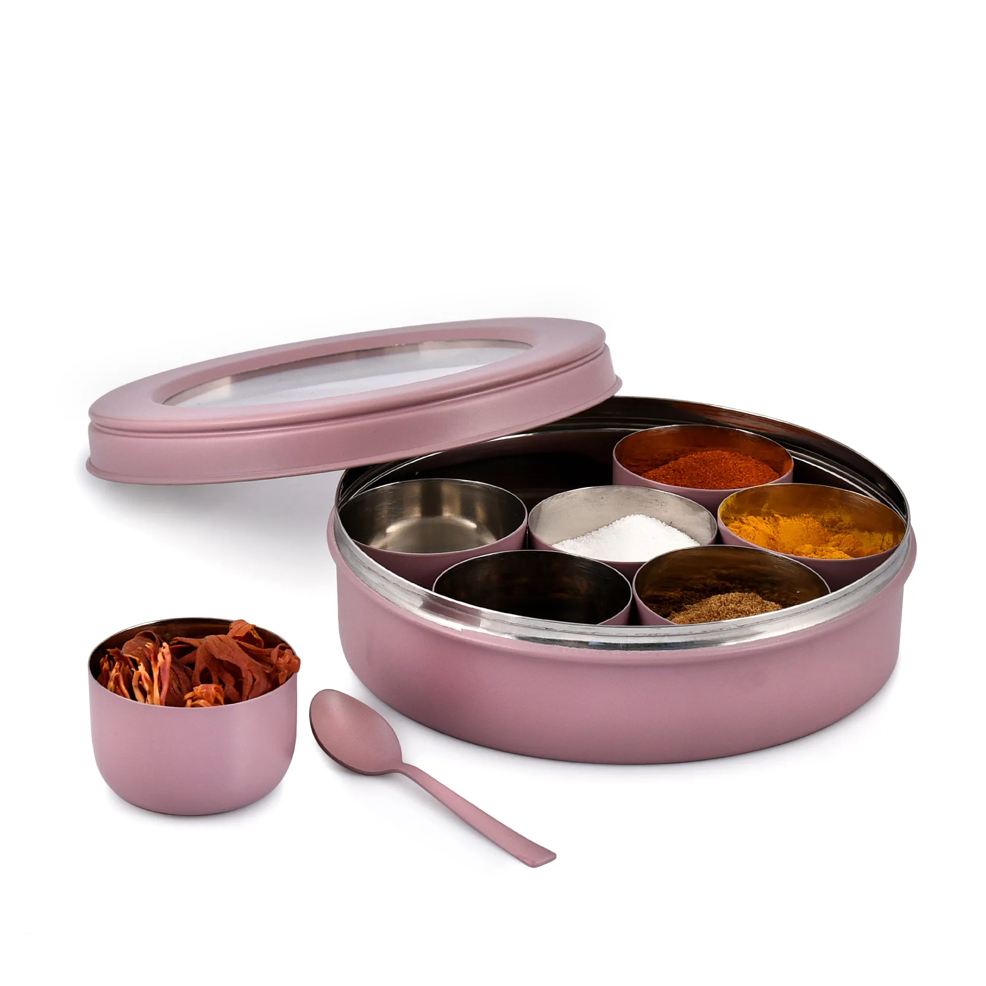 Elan 7 Compartment Multipurpose Air-Tight Stainless Steel Round Colorful Spice Box with Spoon (Mauve, 1500 ml)