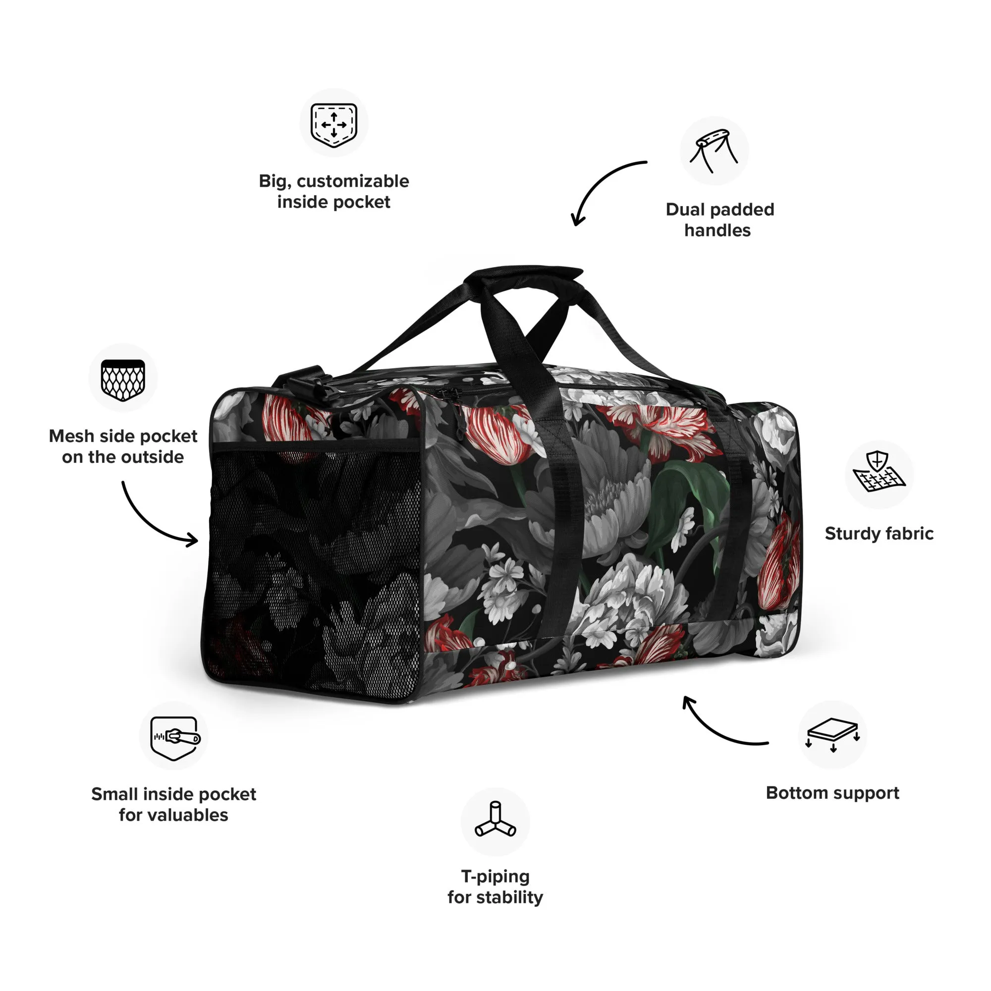 Gothic Black and Red Peony Duffle bag