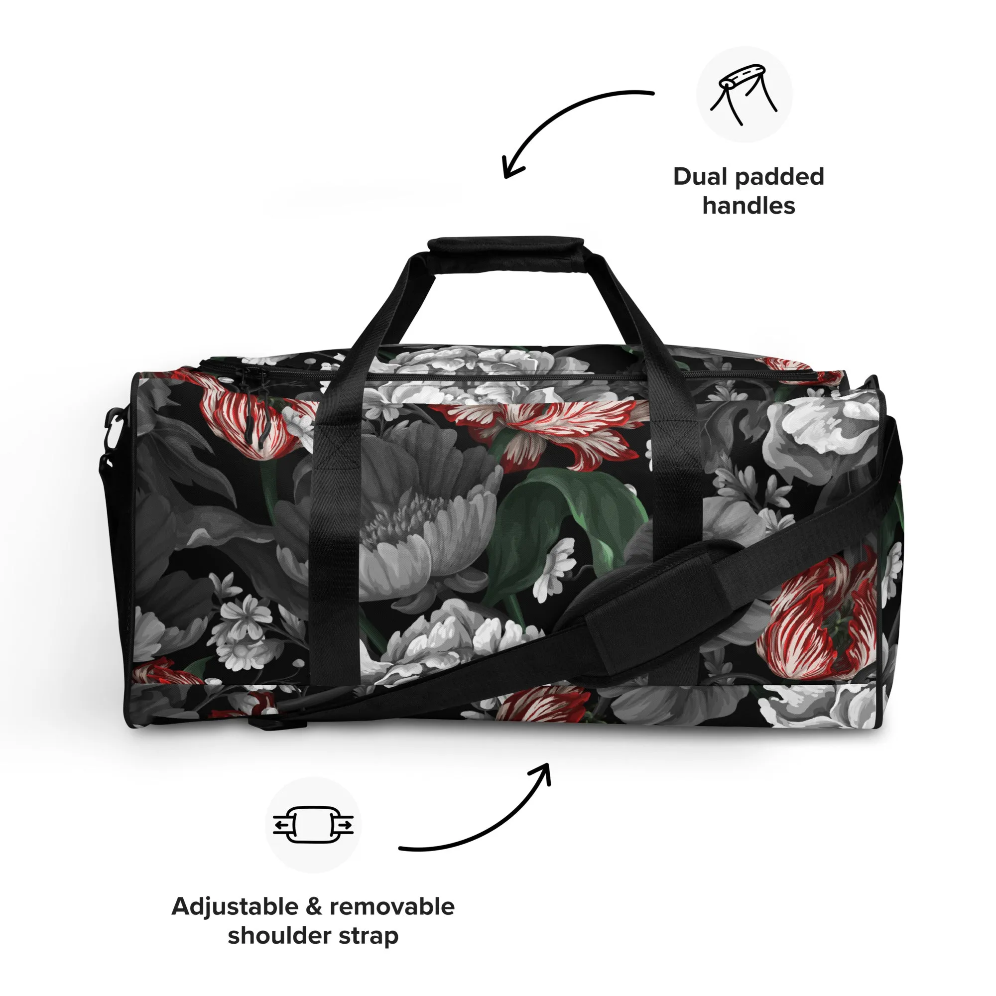 Gothic Black and Red Peony Duffle bag