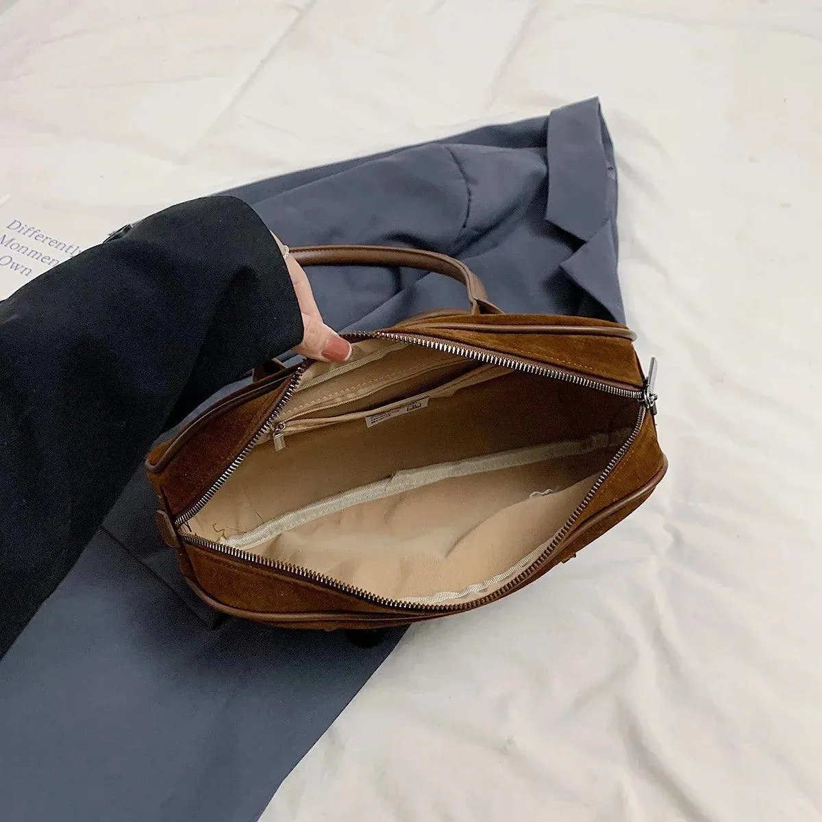 Nubuck Leather Tote Bags Small Medium Women Rectangle Solid Double Handles Purse