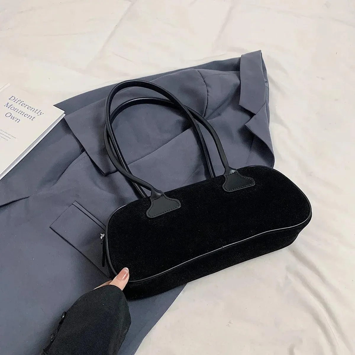 Nubuck Leather Tote Bags Small Medium Women Rectangle Solid Double Handles Purse