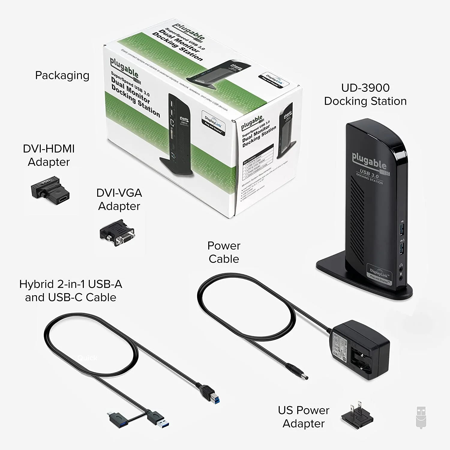 Plugable USB 3.0 Universal Laptop Docking Station Dual Monitor for Windows and Mac, USB 3.0 or USB-C, (Dual Video: HDMI and HDMI/DVI/VGA, Gigabit Ethernet, Audio, 6 USB Ports)