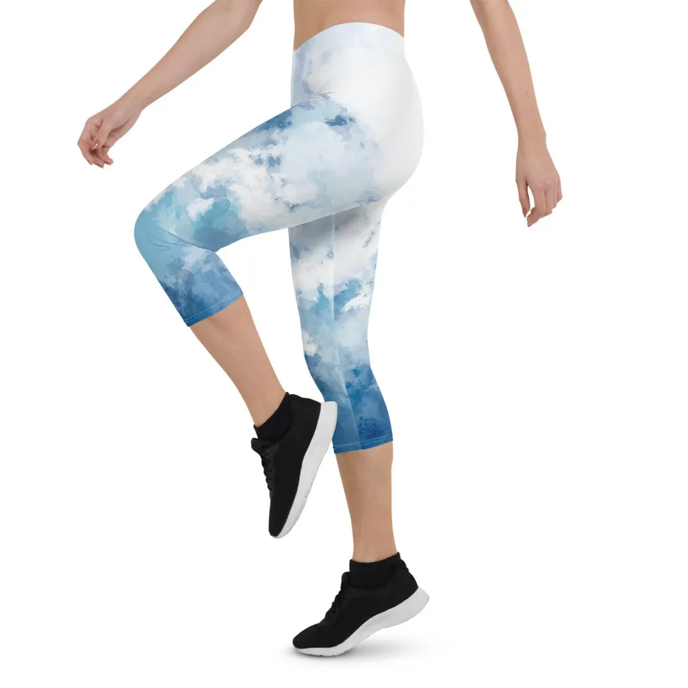 'Watercolor Blue' capri yoga leggings