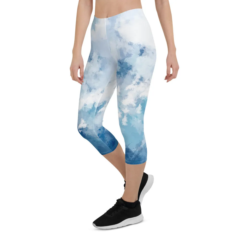 'Watercolor Blue' capri yoga leggings
