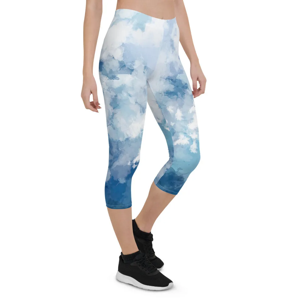 'Watercolor Blue' capri yoga leggings