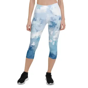 'Watercolor Blue' capri yoga leggings