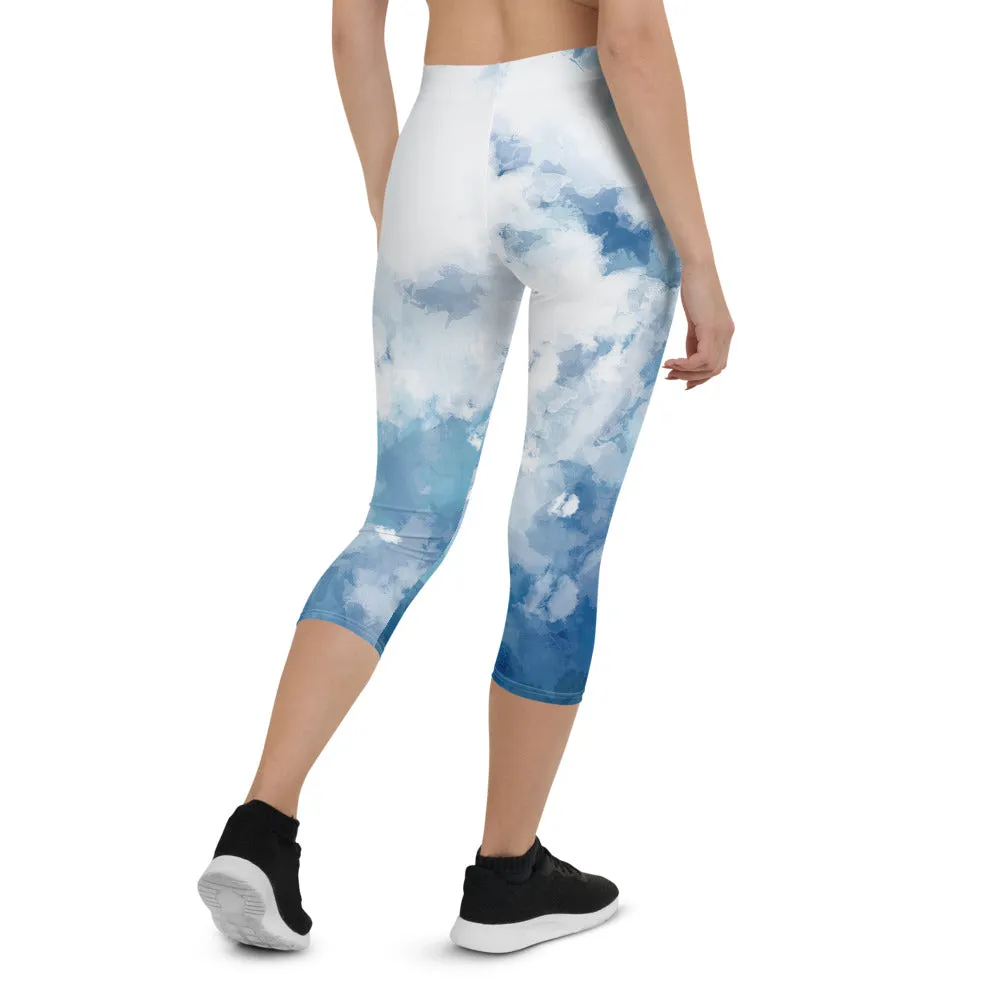 'Watercolor Blue' capri yoga leggings